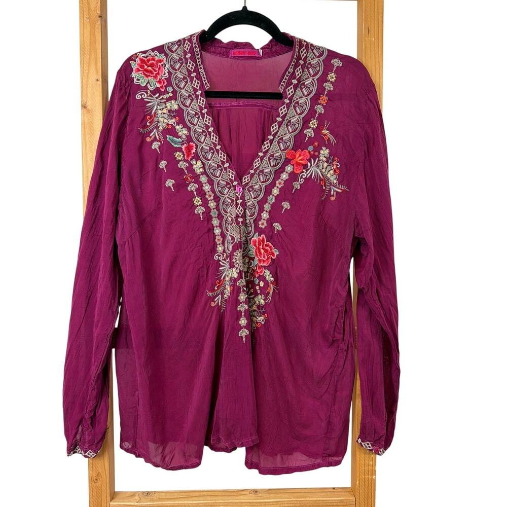Johnny Was Maroon Embroidered Floral V-Neck Long Sleeve Shirt Size L